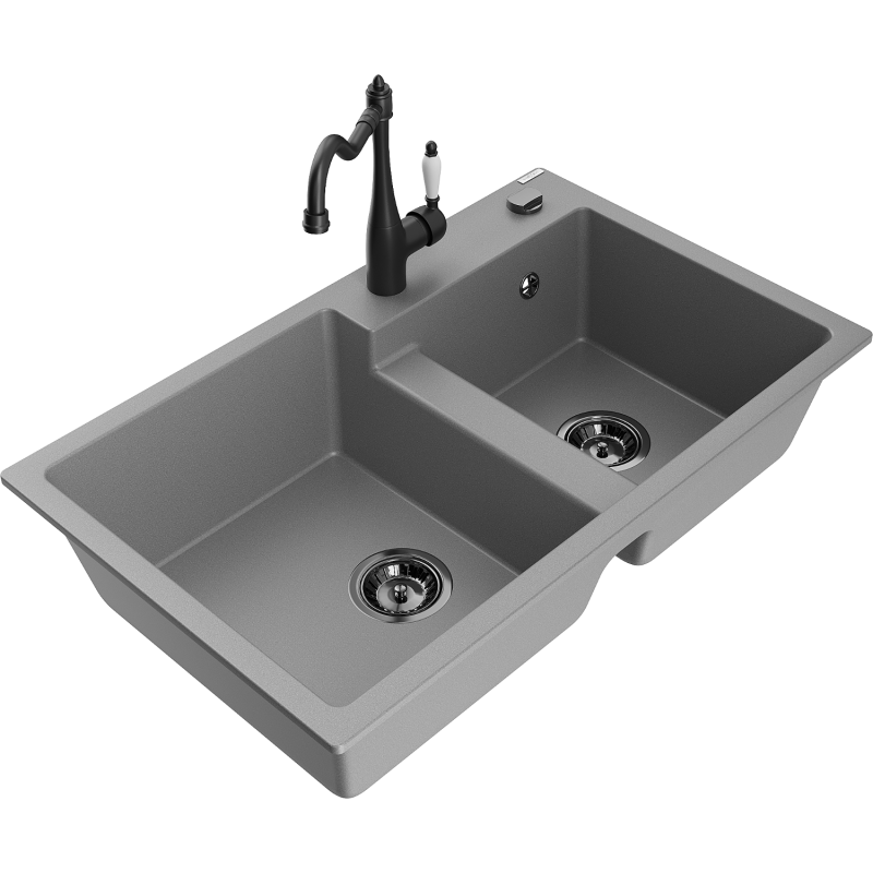 Mexen Tomas lava-louça de granito de 2 cubas com torneira de cozinha Carla, cinza - 6516-71-670700-70-B
