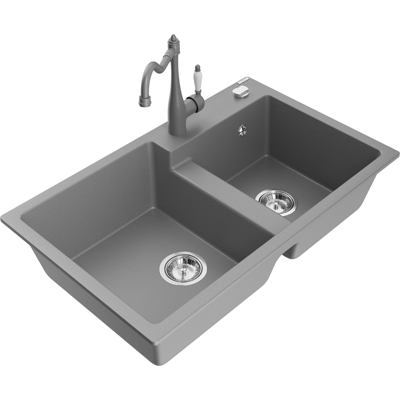 Mexen Tomas granite sink double-bowl with kitchen tap Carla, grey - 6516-71-670700-71