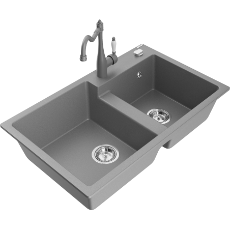 Mexen Tomas granite sink double-bowl with kitchen tap Carla, grey - 6516-71-670700-71