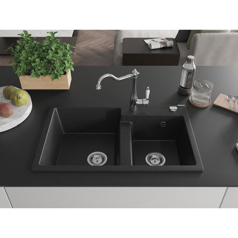 Mexen Tomas granite sink 2-chamber with Carla kitchen tap, black/silver metallic - 6516-73-670700-00