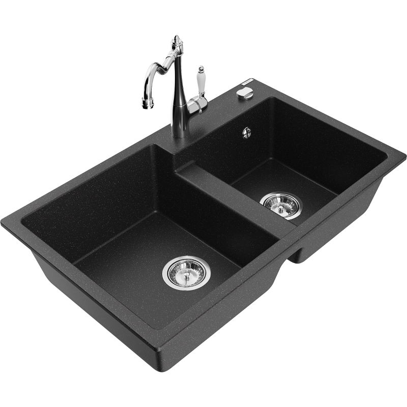 Mexen Tomas évier en granit à 2 bacs avec robinet de cuisine Carla, noir/métallique argent - 6516-73-670700-00