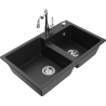 Mexen Tomas granite sink 2-chamber with Carla kitchen tap, black/silver metallic - 6516-73-670700-00