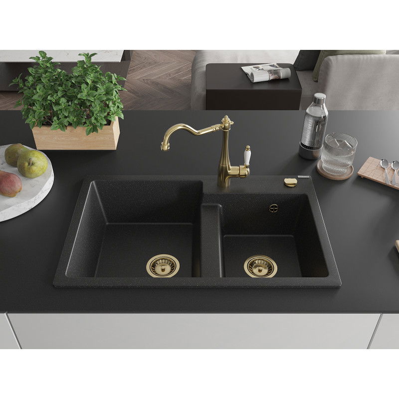 Mexen Tomas lavabo in granito a 2 vasche con miscelatore da cucina Carla, nero/argento metallizzato - 6516-73-670700-50