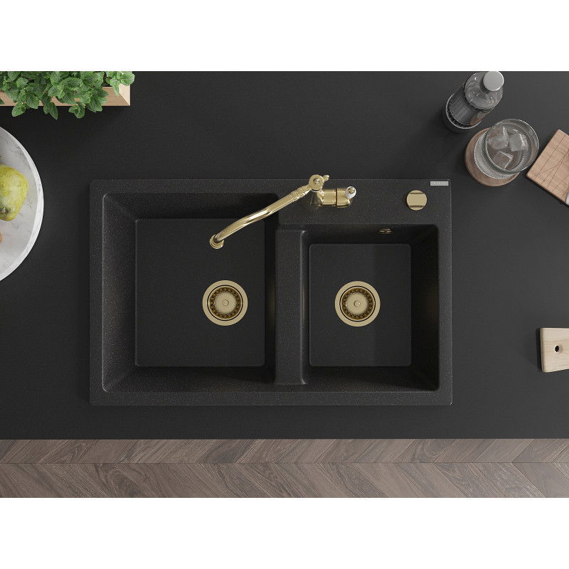 Mexen Tomas granieten gootsteen 2-kamer met keukenmengkraan Carla, zwart/zilver metallic - 6516-73-670700-50