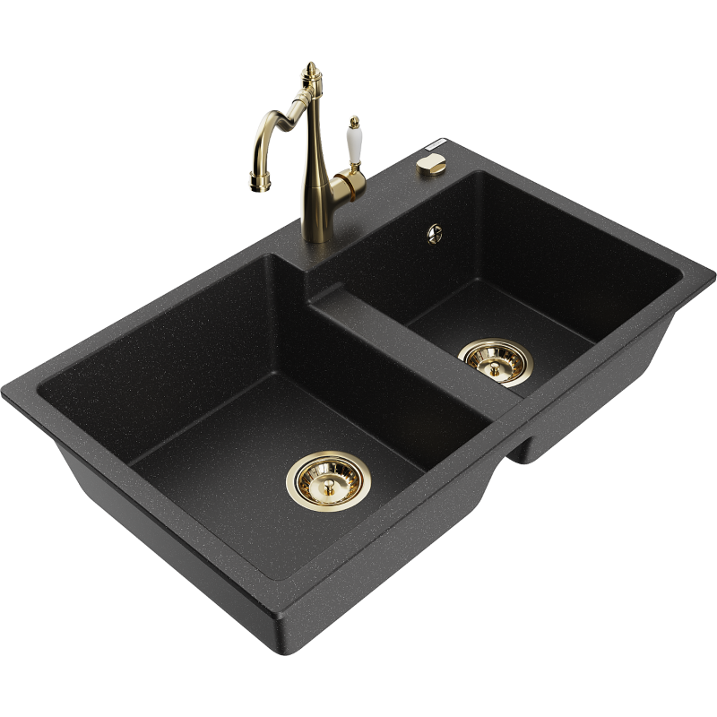 Mexen Tomas granite double-bowl sink with Carla kitchen tap, black/silver metallic - 6516-73-670700-50