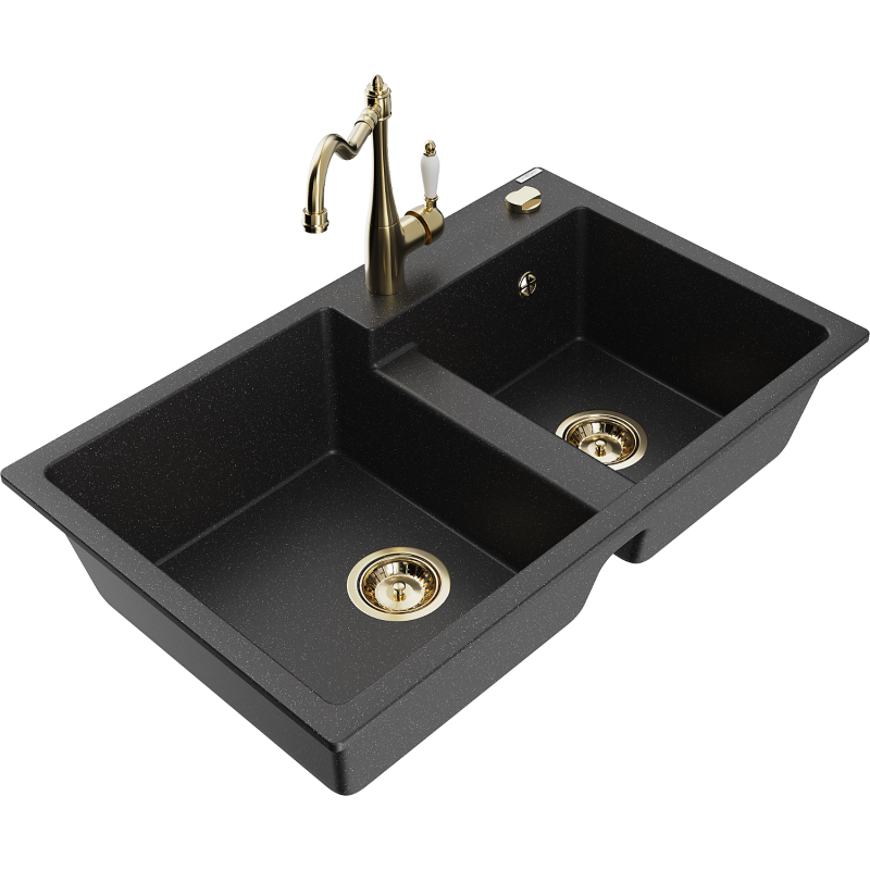 Mexen Tomas lava-louça de granito com 2 bacias e torneira de cozinha Carla, metálico preto/prata - 6516-73-670700-50