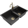 Mexen Tomas granite double-bowl sink with Carla kitchen tap, black/silver metallic - 6516-73-670700-50
