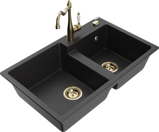 Mexen Tomas lavabo in granito a 2 vasche con miscelatore da cucina Carla, nero/argento metallizzato - 6516-73-670700-50