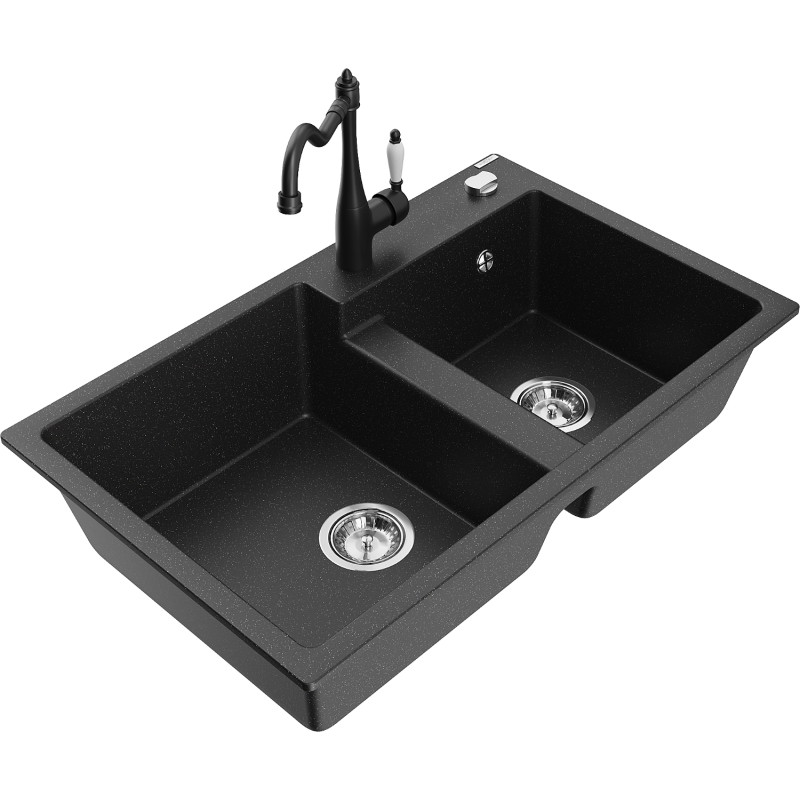 Mexen Tomas granit gootsteen 2-kamer met keukenmengkraan Carla, zwart/zilver metallic - 6516-73-670700-70
