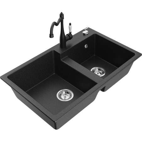 Mexen Tomas granit gootsteen 2-kamer met keukenmengkraan Carla, zwart/zilveren metallic - 6516-73-670700-70