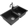 Mexen Tomas granite 2-basin sink with Carla kitchen tap, black/silver metallic - 6516-73-670700-70