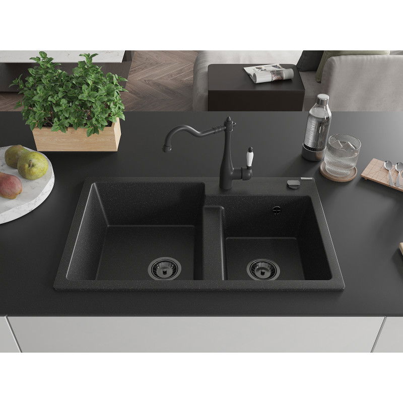 Mexen Tomas granite sink with 2 bowls and Carla kitchen tap, black/silver metallic - 6516-73-670700-70-B