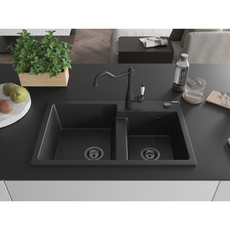 Mexen Tomas Granitspüle 2-Kammer mit Küchenarmatur Carla, schwarz/silber metallic - 6516-73-670700-70-B