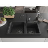 Mexen Tomas Granit-Spüle 2-Kammer mit Küchenarmatur Carla, Schwarz/Silber Metallic - 6516-73-670700-70-B