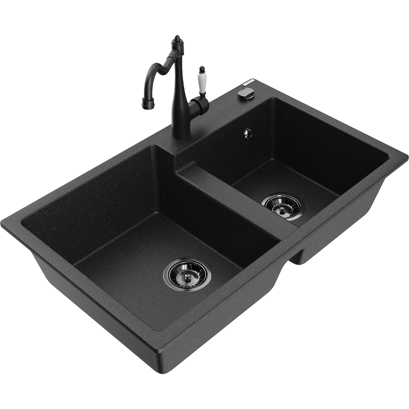 Mexen Tomas fregadero de granito de 2 senos con grifo de cocina Carla, negro/plata metálica - 6516-73-670700-70-B