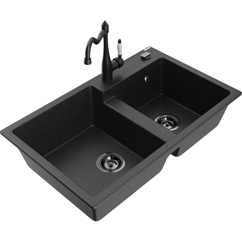 Mexen Tomas granieten gootsteen met 2 compartimenten en Carlabatterij, zwart/zilver metallic - 6516-73-670700-70-B