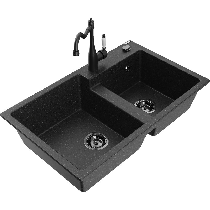 Mexen Tomas Granitspüle 2-Kammer mit Küchenarmatur Carla, schwarz/silber metallic - 6516-73-670700-70-B
