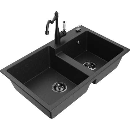 Mexen Tomas fregadero de granito de 2 senos con grifo de cocina Carla, negro/plata metálica - 6516-73-670700-70-B
