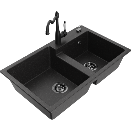 Mexen Tomas granite sink with 2 bowls and Carla kitchen tap, black/silver metallic - 6516-73-670700-70-B