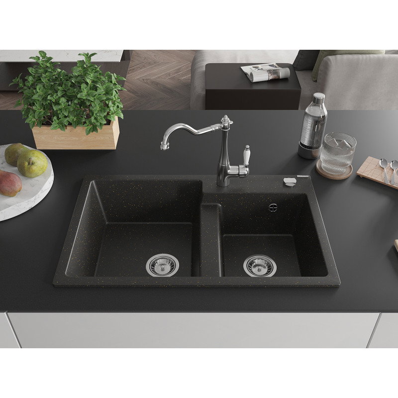 Mexen Tomas granite sink 2-bowl with Carla kitchen tap, black/gold metallic - 6516-75-670700-00