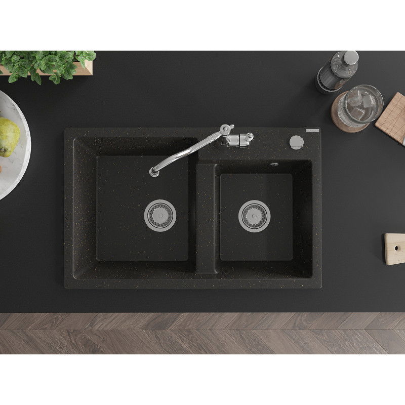 Mexen Tomas granite sink 2-bowl with Carla kitchen tap, black/gold metallic - 6516-75-670700-00