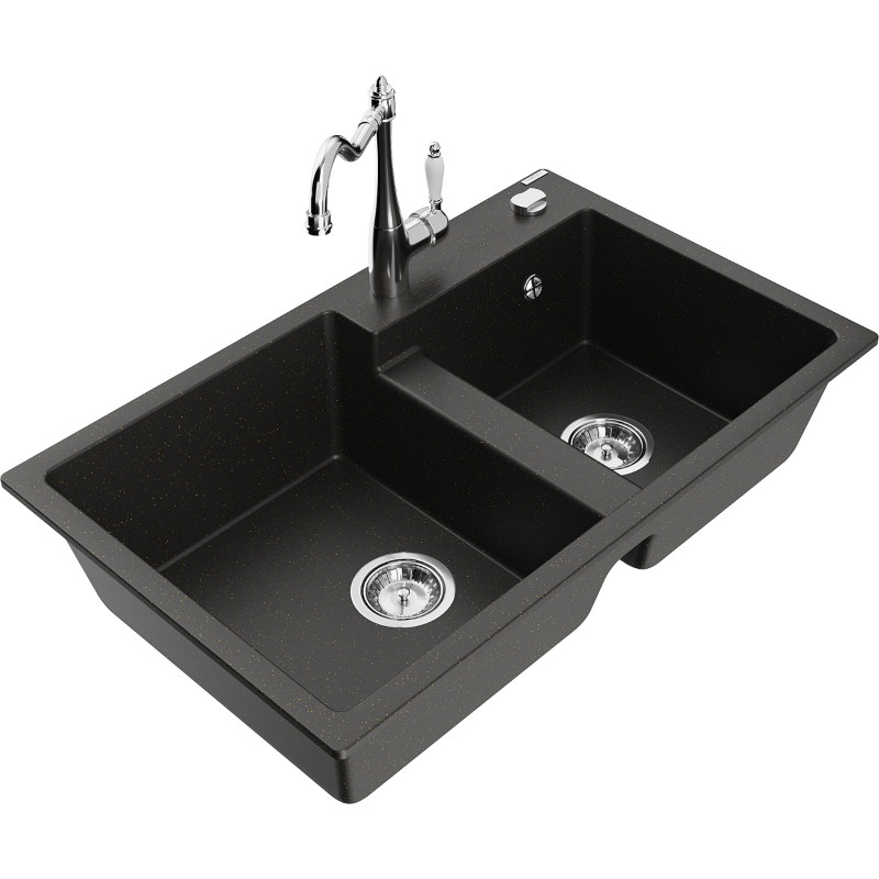 Mexen Tomas granit gootsteen 2-komoren met keukenmengkraan Carla, zwart/goud metallic - 6516-75-670700-00