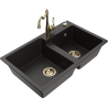 Mexen Tomas granieten spoelbak met 2 kamers en keukenmengkraan Carla, zwart/goud metallic - 6516-75-670700-50
