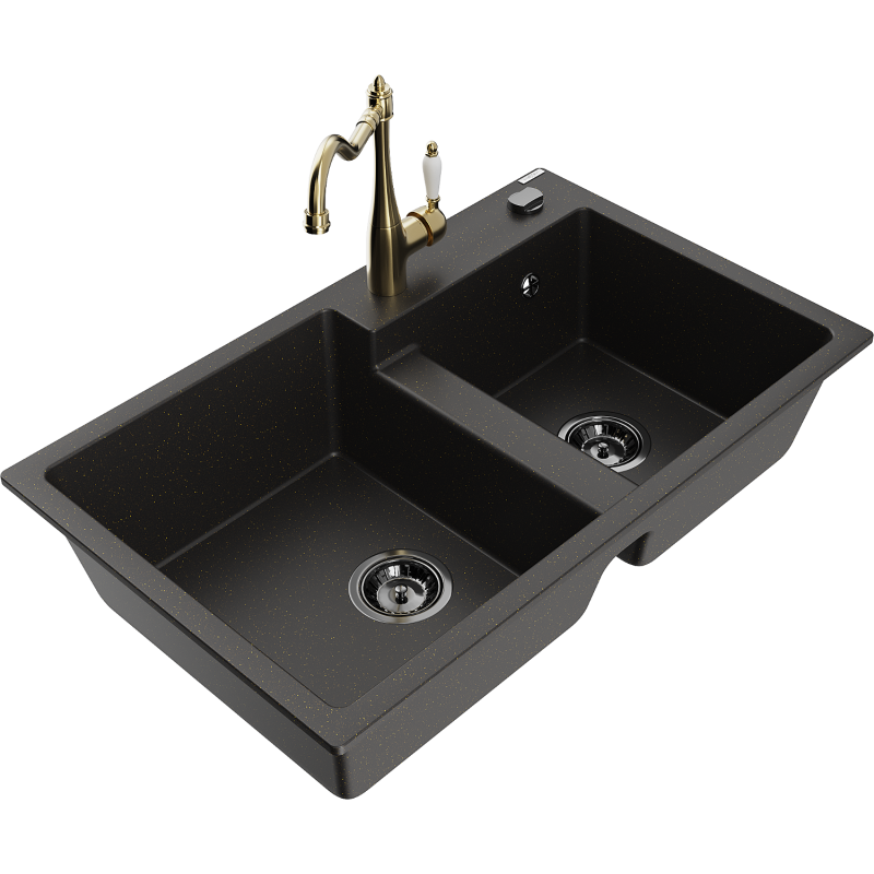 Mexen Tomas granieten spoelbak met 2 compartimenten en keukenmengkraan Carla, zwart/gouden metallic - 6516-75-670700-50-B