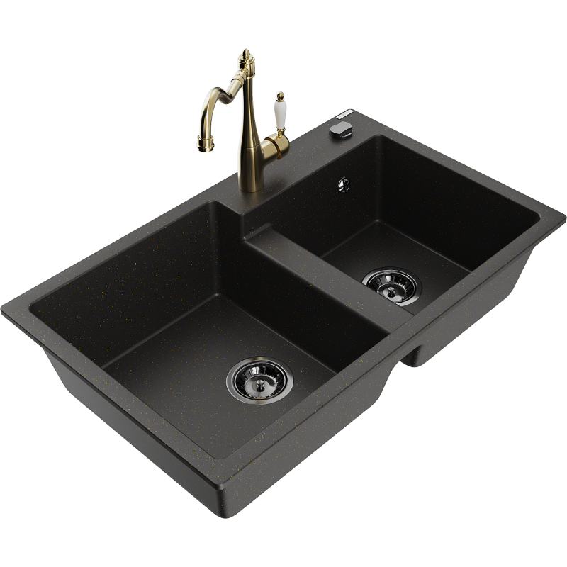 Mexen Tomas granite sink 2-chamber with Carla kitchen tap, black/gold metallic - 6516-75-670700-50-B