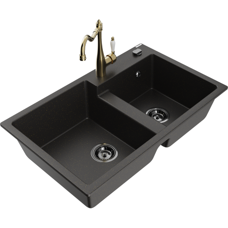 Mexen Tomas granieten spoelbak met 2 compartimenten en keukenmengkraan Carla, zwart/gouden metallic - 6516-75-670700-50-B