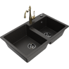 Mexen Tomas granite sink 2-chamber with Carla kitchen tap, black/gold metallic - 6516-75-670700-50-B