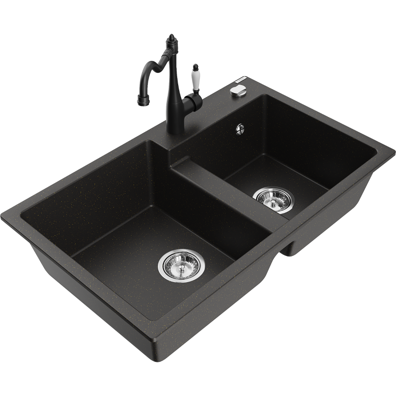 Mexen Tomas fregadero de granito de 2 senos con grifo de cocina Carla, negro/dorado metálico - 6516-75-670700-70