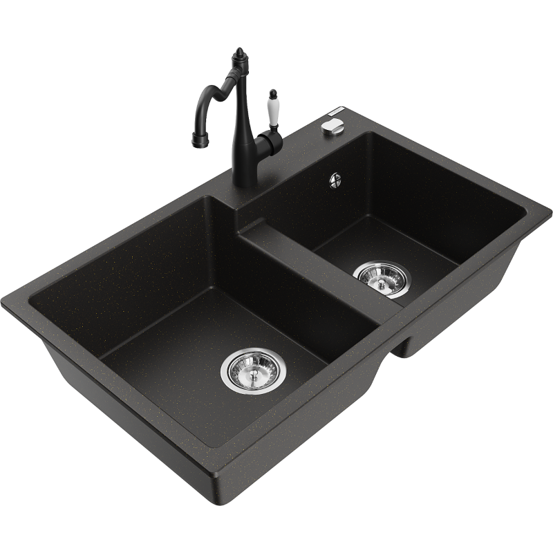 Mexen Tomas granite kitchen sink with 2 compartments and Carla kitchen tap, black/gold metallic - 6516-75-670700-70