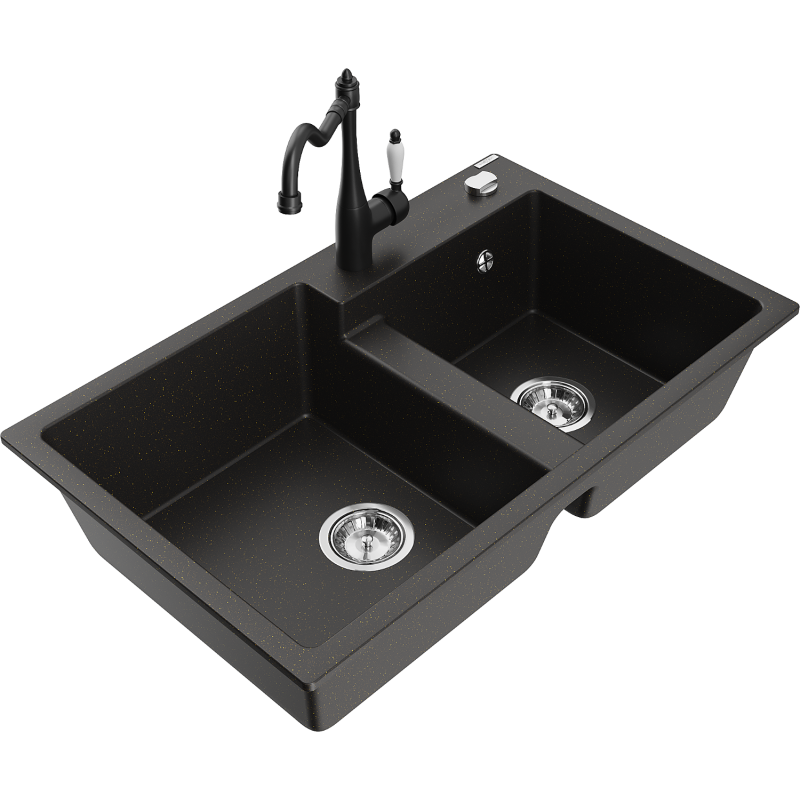 Mexen Tomas lava-loiça de granito de 2 compartimentos com torneira de cozinha Carla, preto/dourado metálico