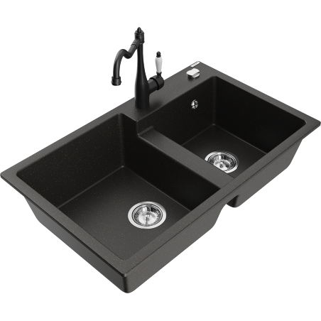 Mexen Tomas granite kitchen sink with 2 compartments and Carla kitchen tap, black/gold metallic - 6516-75-670700-70