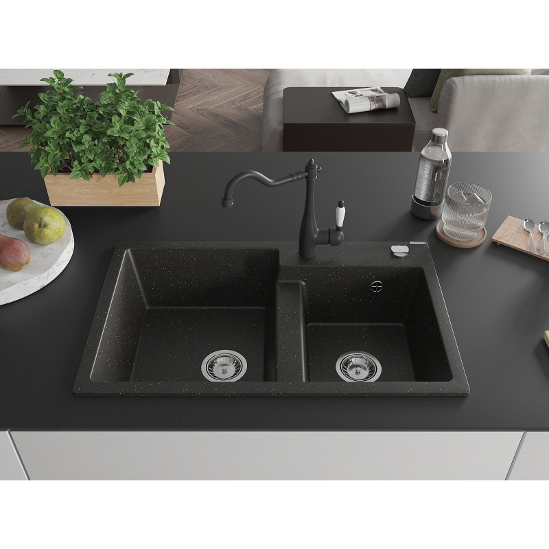Mexen Tomas granitische 2-komorige gootsteen met keukenmengkraan Carla, zwart/goud metallic - 6516-75-670700-70