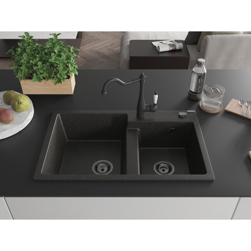 Mexen Tomas lavello in granito a 2 vasche con miscelatore da cucina Carla, nero/oro metallizzato - 6516-75-670700-70-B