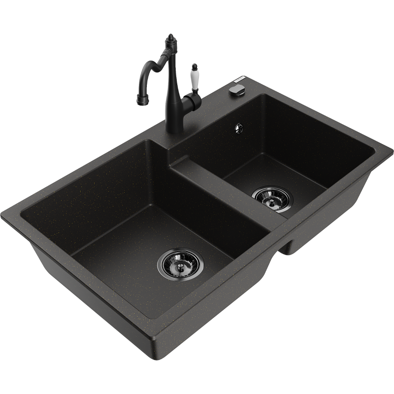 Mexen Tomas fregadero de granito de 2 compartimentos con grifo de cocina Carla, negro/dorado metálico - 6516-75-670700-70-B