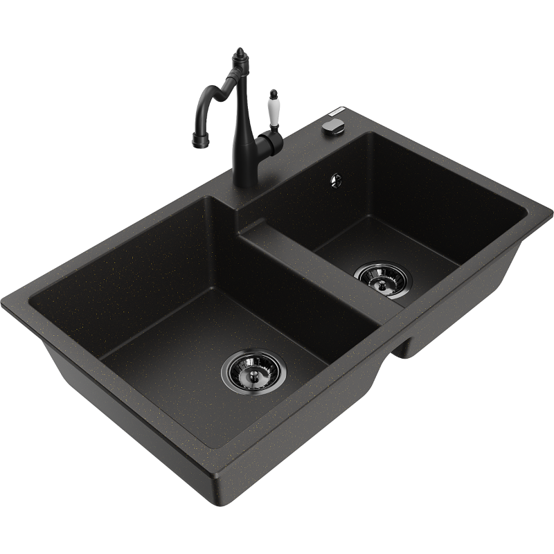 Mexen Tomas granitdiskho med 2 fack och köksblandare Carla, svart/guld metallik - 6516-75-670700-70-B