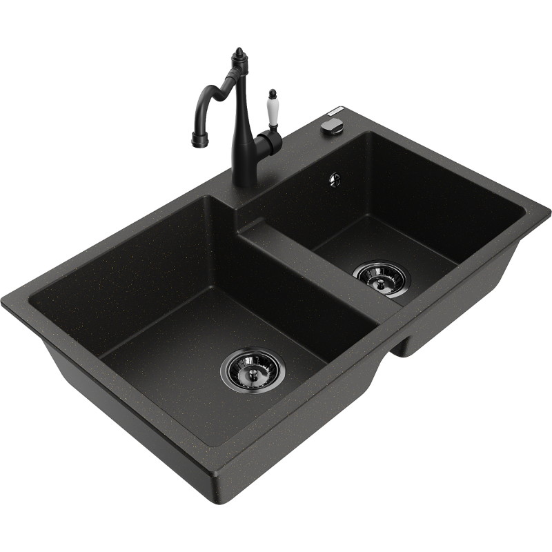 Mexen Tomas granitische 2-kamer spoelbak met keukenkraan Carla, zwart/goud metallic - 6516-75-670700-70-B