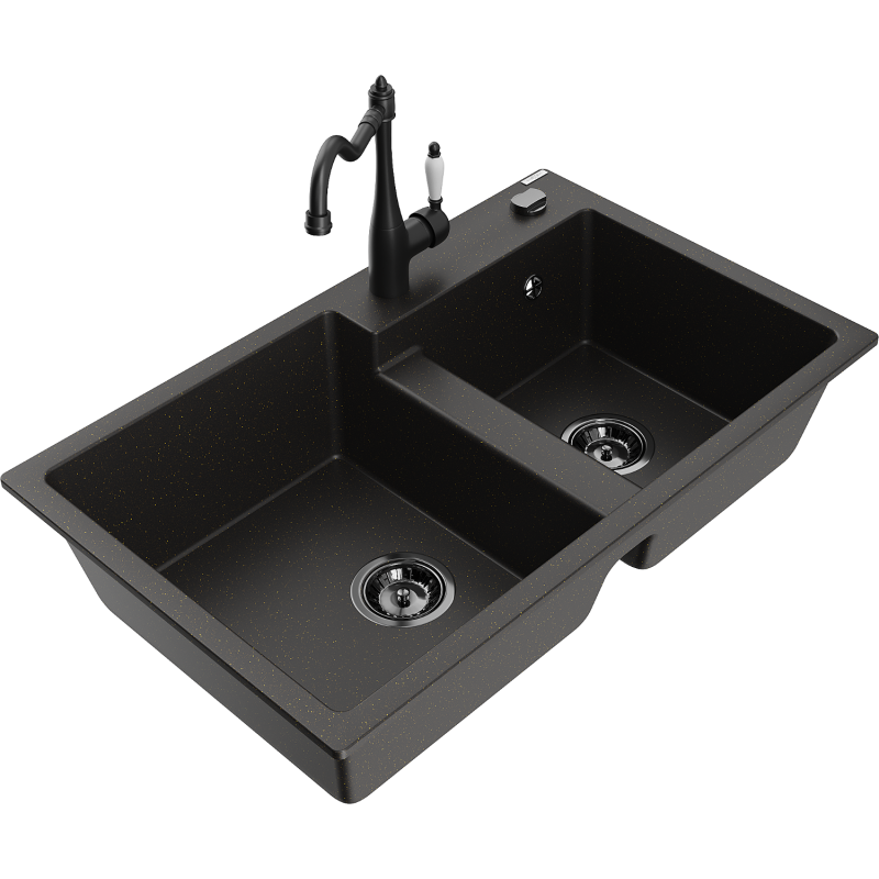Mexen Tomas lavello in granito a 2 vasche con rubinetto da cucina Carla, nero/oro metallizzato - 6516-75-670700-70-B