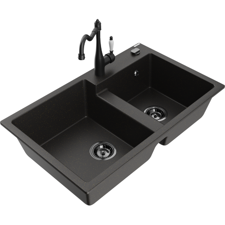 Mexen Tomas évier en granit à 2 bacs avec robinet de cuisine Carla, noir/or métallique - 6516-75-670700-70-B