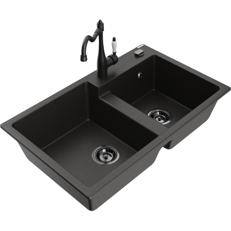 Mexen Tomas granitische gootsteen met 2 kamers en keukenkraan Carla, zwart/gouden metallic - 6516-75-670700-70-B