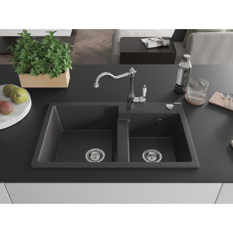 Mexen Tomas fregadero de granito de 2 cubetas con grifo de cocina Carla, negro moteado - 6516-76-670700-00
