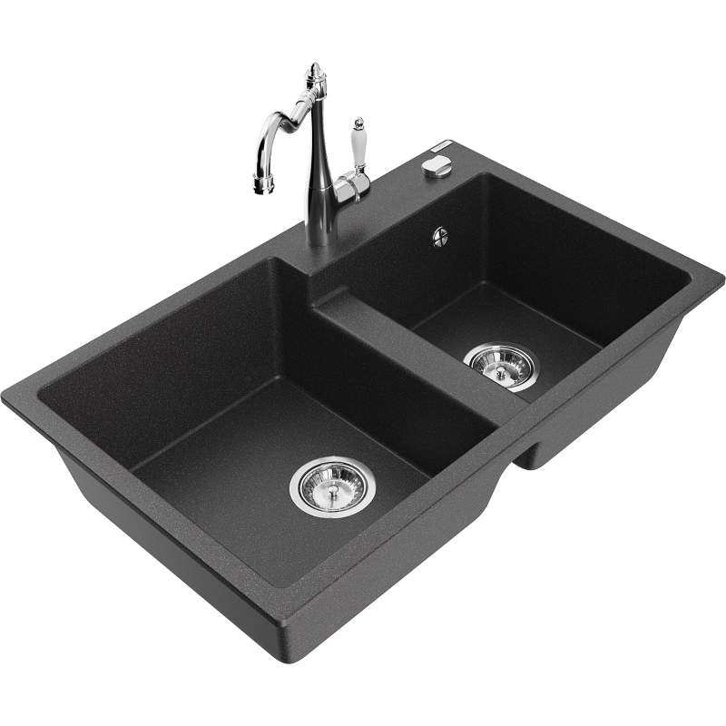 Mexen Tomas lava-louça de granito de 2 cubas com torneira de cozinha Carla, preto salpicado - 6516-76-670700-00