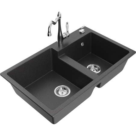 Mexen Tomas lavello in granito a 2 vasche con miscelatore da cucina Carla, nero punteggiato - 6516-76-670700-00