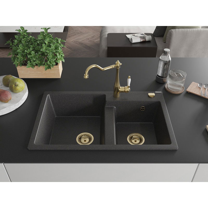 Mexen Tomas granite double sink with Carla kitchen tap, speckled black - 6516-76-670700-50