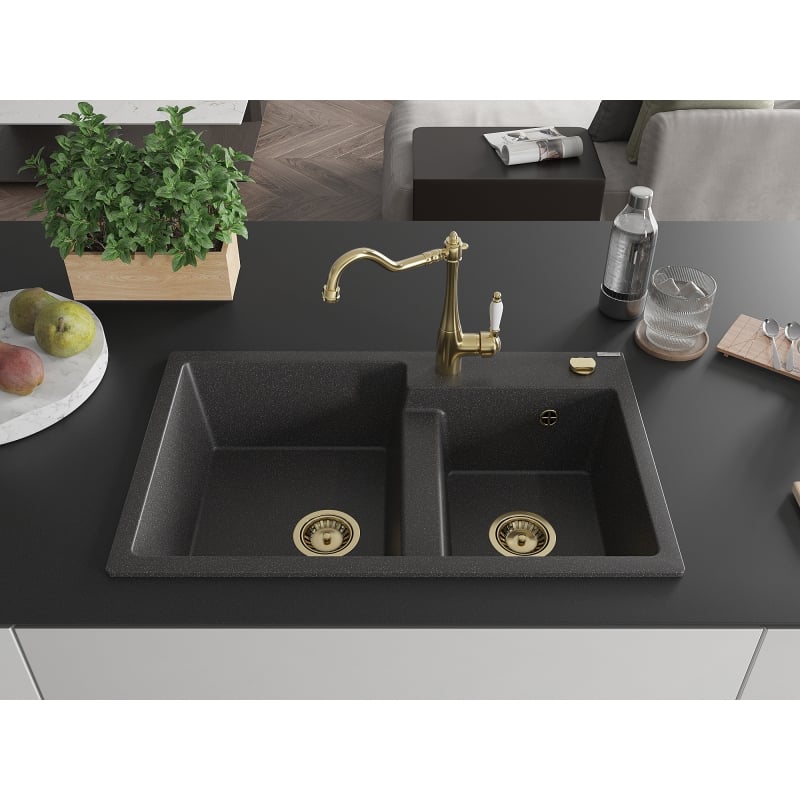 Mexen Tomas granite kitchen sink 2-chamber with kitchen faucet Carla, black speckled - 6516-76-670700-50