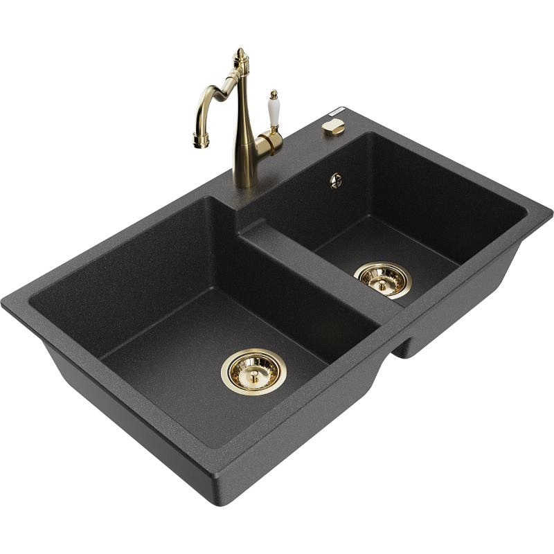 Mexen Tomas fregadero de granito de 2 compartimentos con grifo de cocina Carla, negro moteado - 6516-76-670700-50