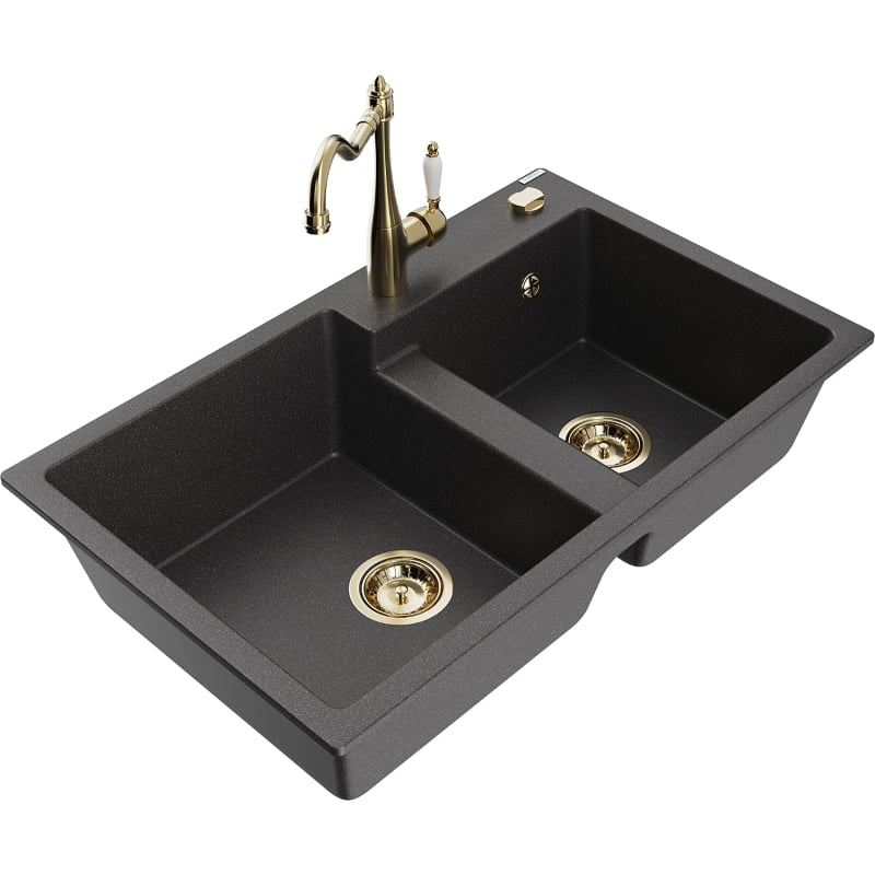 Mexen Tomas granite kitchen sink 2-chamber with kitchen faucet Carla, black speckled - 6516-76-670700-50